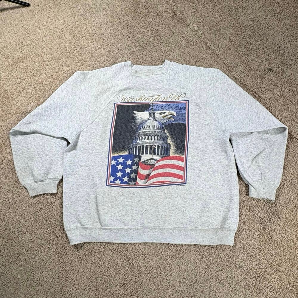 VTG Hanes Washington D.C. Sweatshirt Mens Sz XL Gray Bald Eagle USA Capitol Flag